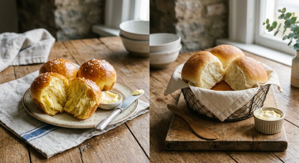 A high-end editorial food photography shot showcasing a split composition of golden, airy brioche bu
