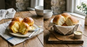 A high-end editorial food photography shot showcasing a split composition of golden, airy brioche bu