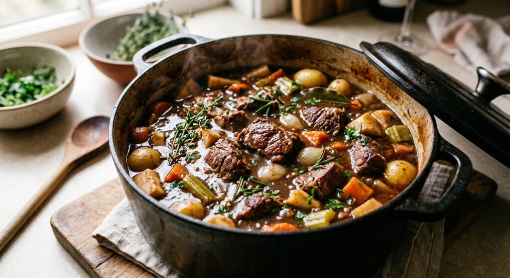 A high-quality, editorial-style close-up of tender, succulent chunks of beef simmering in a rich, da