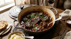 A professional, high-angle culinary shot of succulent, tender braised beef in a rich glossy sauce, s