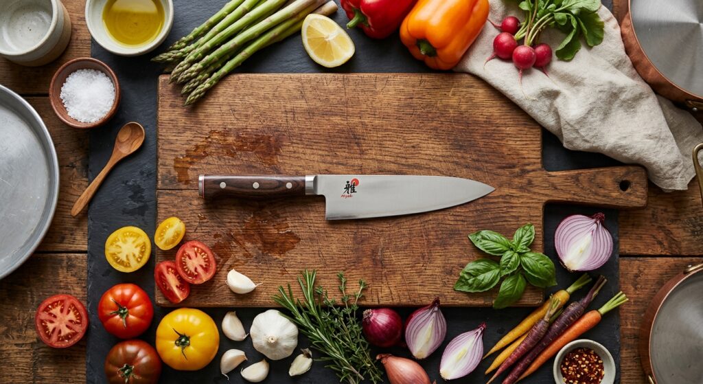 A professional overhead editorial shot of a high-quality chef's knife resting on a rustic wooden cut