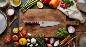 A professional overhead editorial shot of a high-quality chef's knife resting on a rustic wooden cut