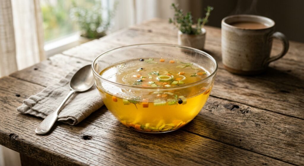 A crystal-clear vegetable broth served in a minimalist glass bowl on a rustic wooden table, illumina