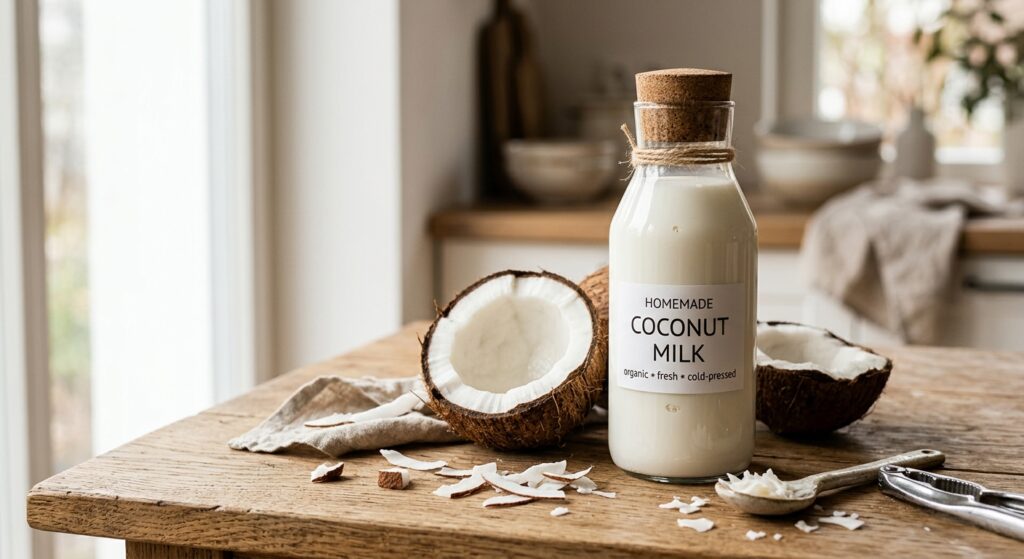 A high-end editorial food photograph of creamy homemade coconut milk in a rustic glass bottle next t