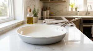A high-end, editorial-style close-up shot of a clean, gleaming ceramic frying pan resting on a moder