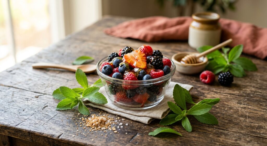 A professional editorial-style photograph of a glass bowl filled with fresh mixed berries and topped