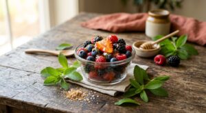 A professional editorial-style photograph of a glass bowl filled with fresh mixed berries and topped