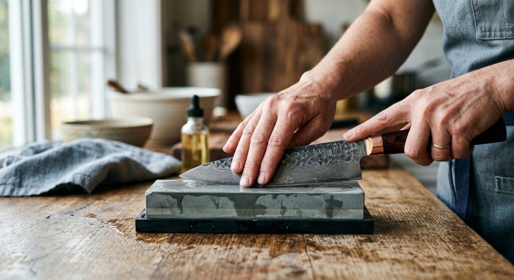 A professional, close-up editorial shot of a high-quality chef's knife being carefully sharpened on