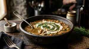 A professional, editorial-style close-up of a rustic clay bowl filled with hearty rye sourdough soup