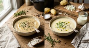 A high-angle, professional editorial photograph comparing two bowls of creamy soup side-by-side, one
