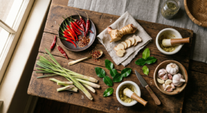 A professional, editorial flat-lay photograph of five essential Thai spice ingredients, including ch