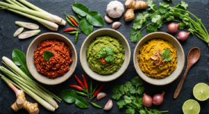 A professional overhead editorial shot featuring three textured mounds of red, green, and yellow cur