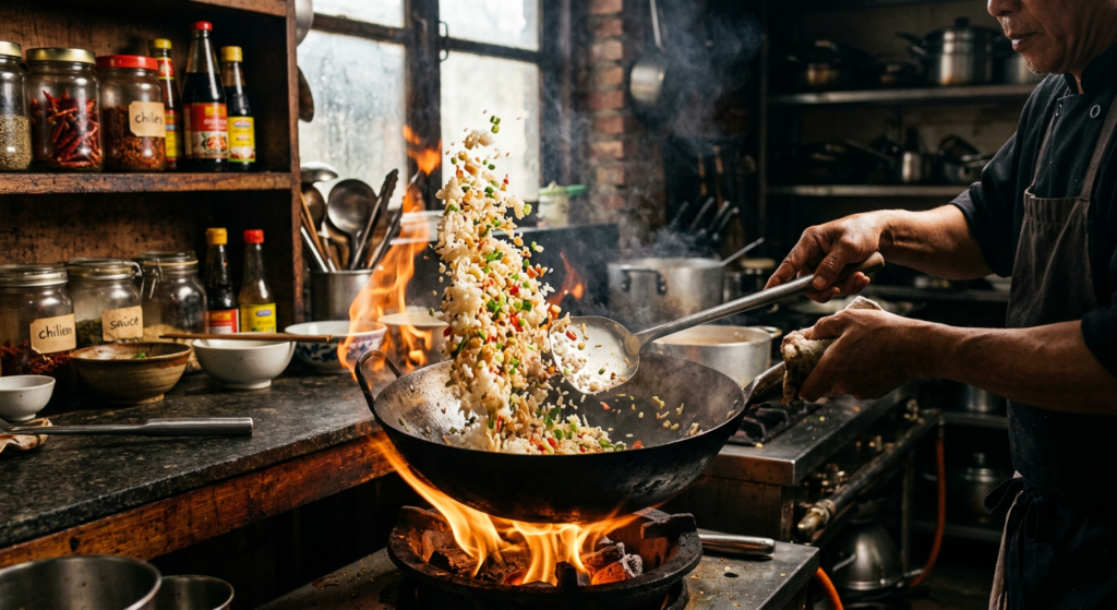 A professional editorial food photograph of fluffy, high-quality jasmine rice being tossed in a glow