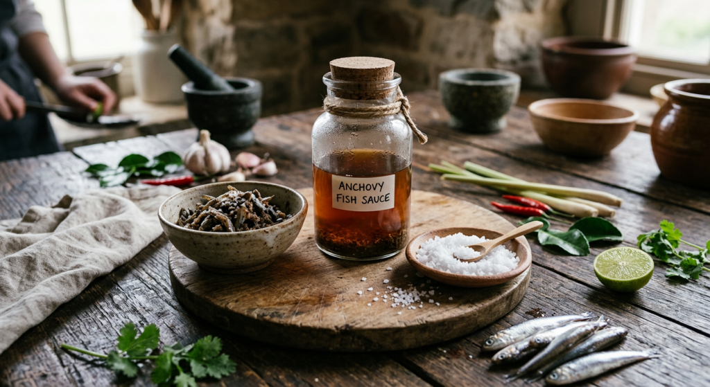 A professional, high-angle culinary shot of homemade fish sauce in an elegant glass jar, surrounded