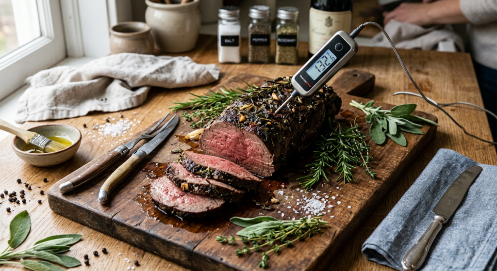 A professional high-angle editorial shot of a succulent roasted beef tenderloin on a wooden carving