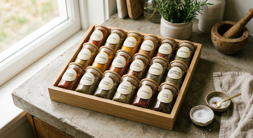 A high-angle, professional editorial shot of various glass spice jars neatly arranged in a minimalis