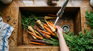 A professional, top-down editorial shot of freshly harvested, vibrant root vegetables like carrots a