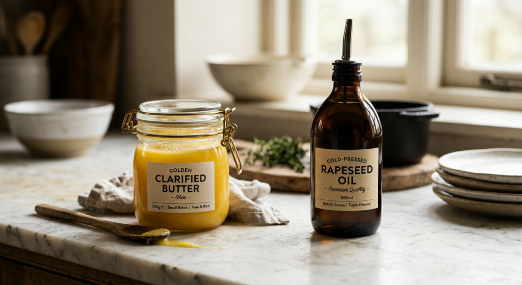 A professional, high-end editorial food photography composition featuring a glass jar of golden clar