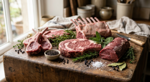A high-quality, professional food editorial shot of a selection of premium raw cuts of meat arranged