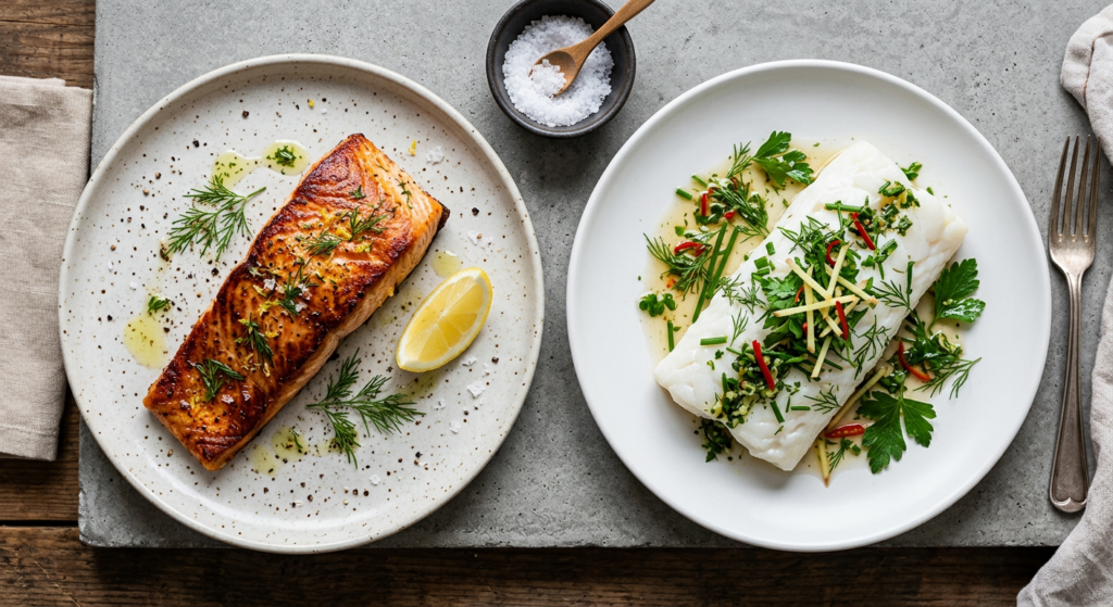 An elegant, professional food editorial shot contrasting a perfectly seared oven-baked salmon fillet