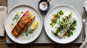 An elegant, professional food editorial shot contrasting a perfectly seared oven-baked salmon fillet