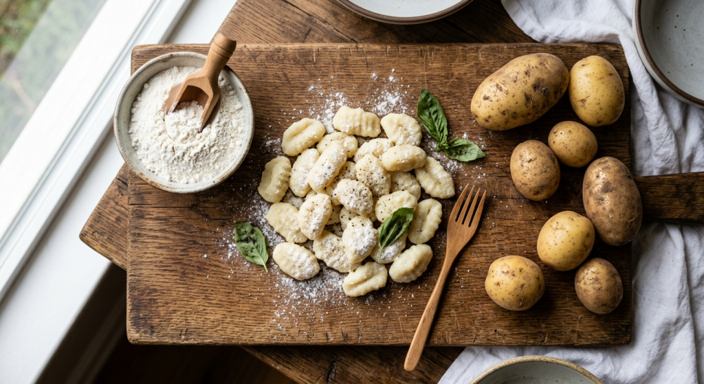 A top-down, professional editorial shot of freshly cooked, soft gluten-free potato gnocchi dusted wi