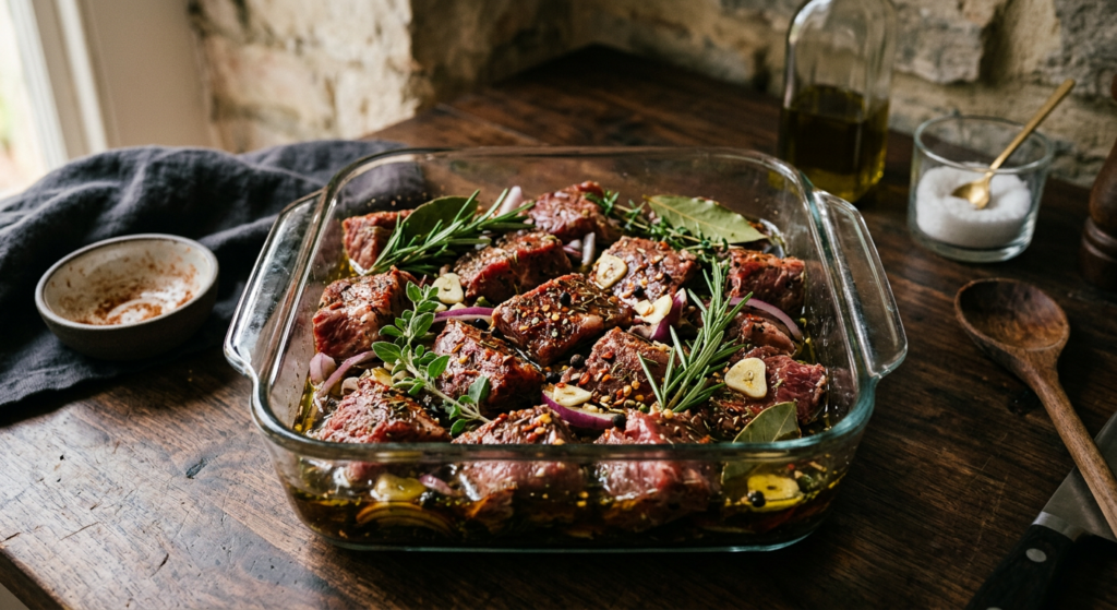 A high-angle, professional food photography shot of raw, seasoned meat marinating in a glass dish wi