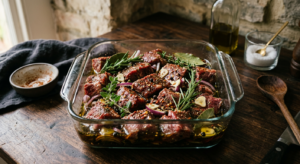 A high-angle, professional food photography shot of raw, seasoned meat marinating in a glass dish wi