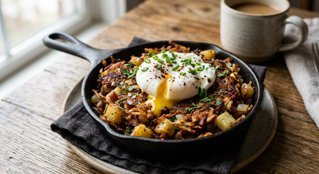 A professional, editorial-style close-up shot of crispy, golden-brown pan-fried potato hash topped w