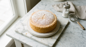 A professional, high-angle editorial shot of a perfectly fluffy, golden-brown sponge cake layer on a