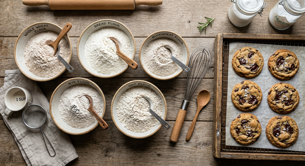 A professional flat-lay editorial photograph of various types of flour in ceramic bowls, accompanied
