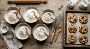 A professional flat-lay editorial photograph of various types of flour in ceramic bowls, accompanied