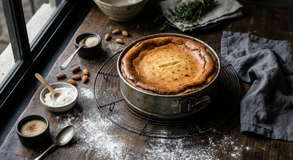 A professional, top-down editorial food photograph of a slightly sunken, golden-brown cheesecake on