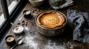 A professional, top-down editorial food photograph of a slightly sunken, golden-brown cheesecake on